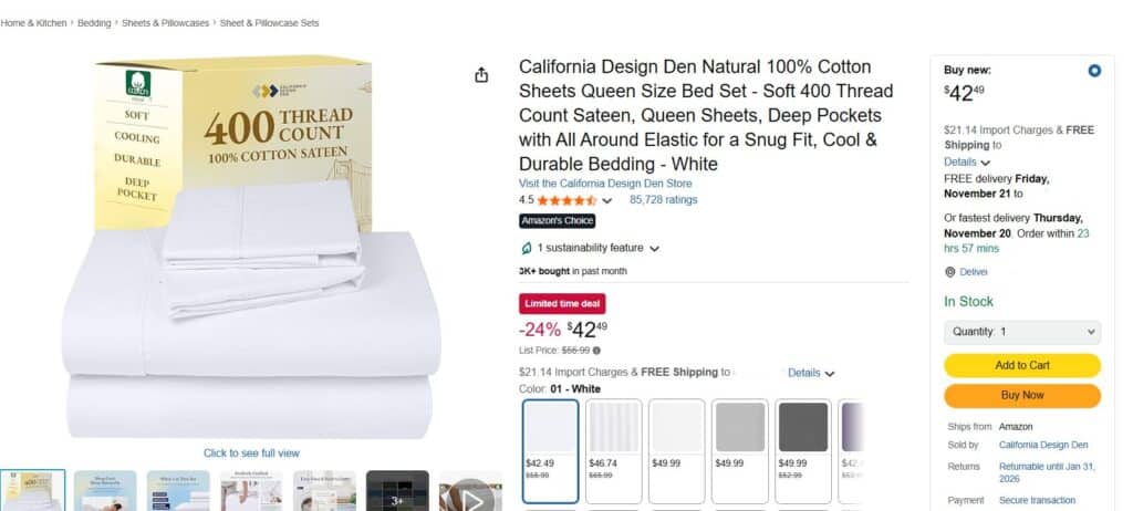 California Design Den Natural 100 Cotton Sheets Queen Size Bed Set - Soft 400 Thread Count Sateen, Queen Sheets, Deep Pockets with All Around Elastic for a Snug Fit, Cool & Durable Bedding - White