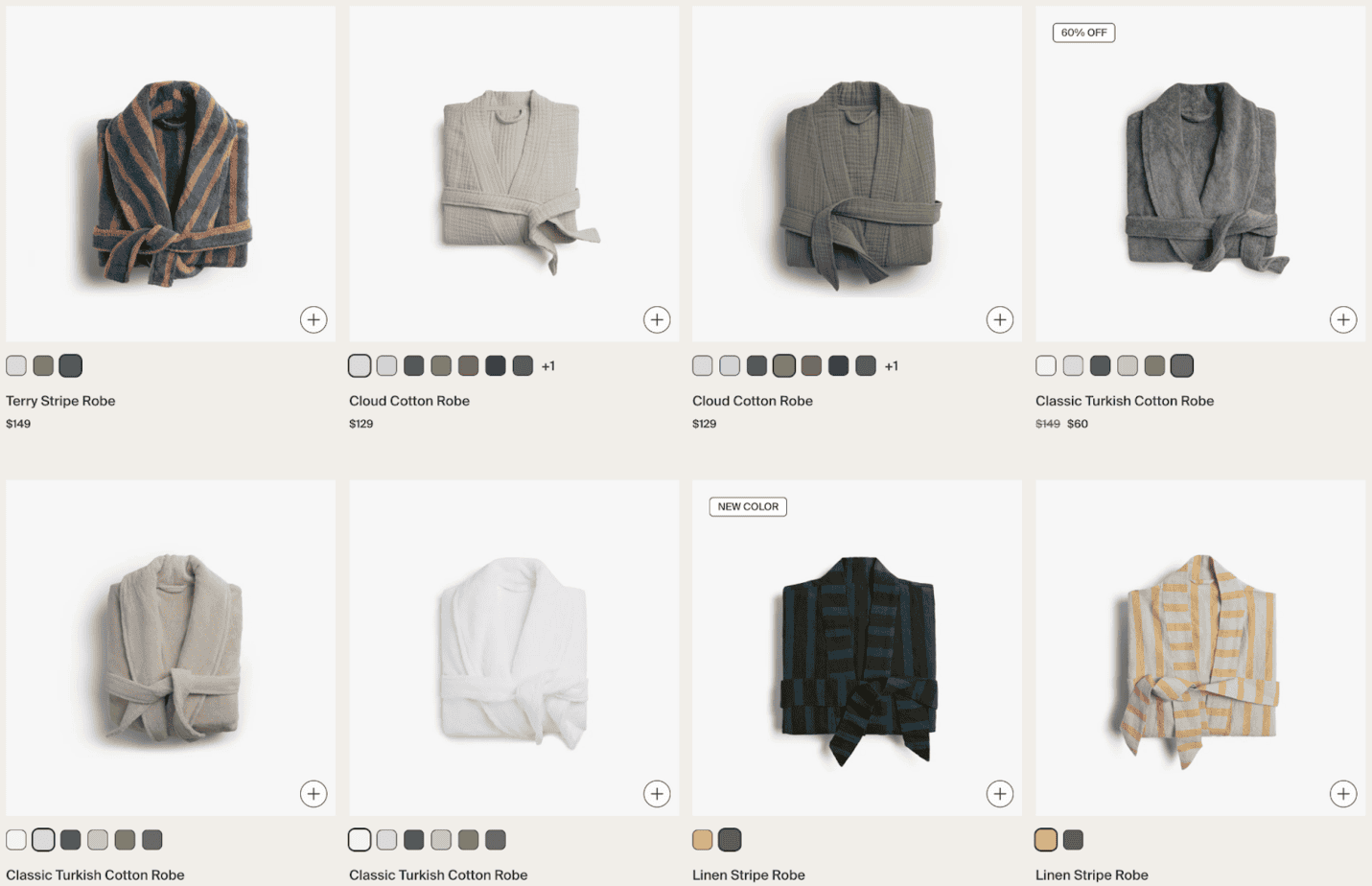 Parachute’s vibe is much more understated, limited to neutrals and muted earth tones.