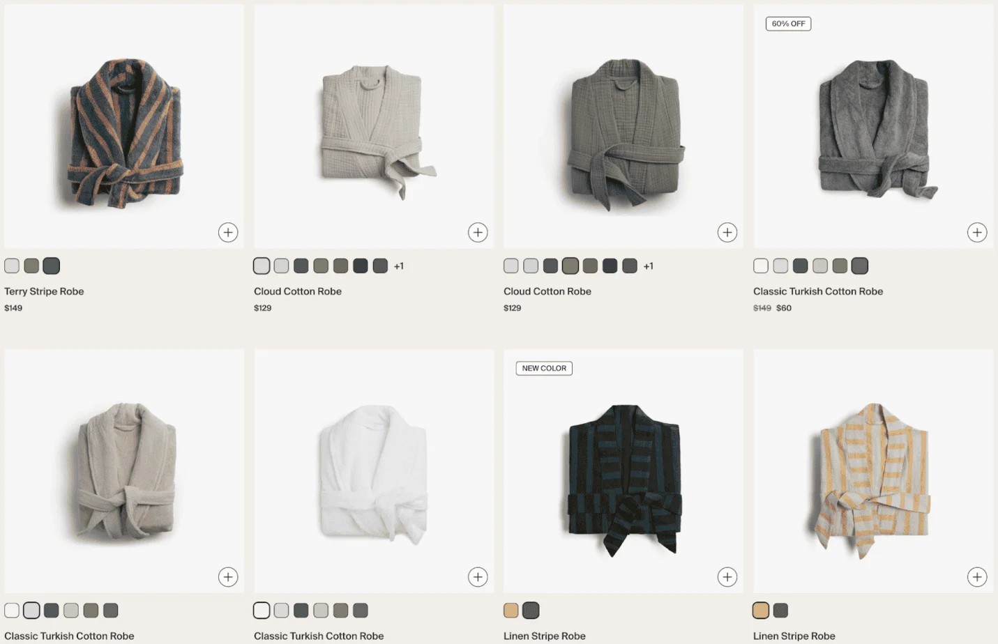 Parachute’s vibe is much more understated, limited to neutrals and muted earth tones.